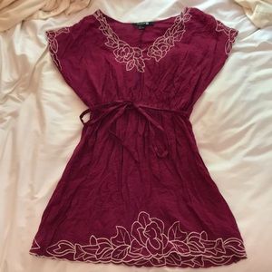 Wine colored dress w/ off white floral embroidery